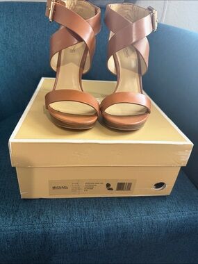 Michael Kors Tan Brown Leather Crisscross Ankle Strap Heels